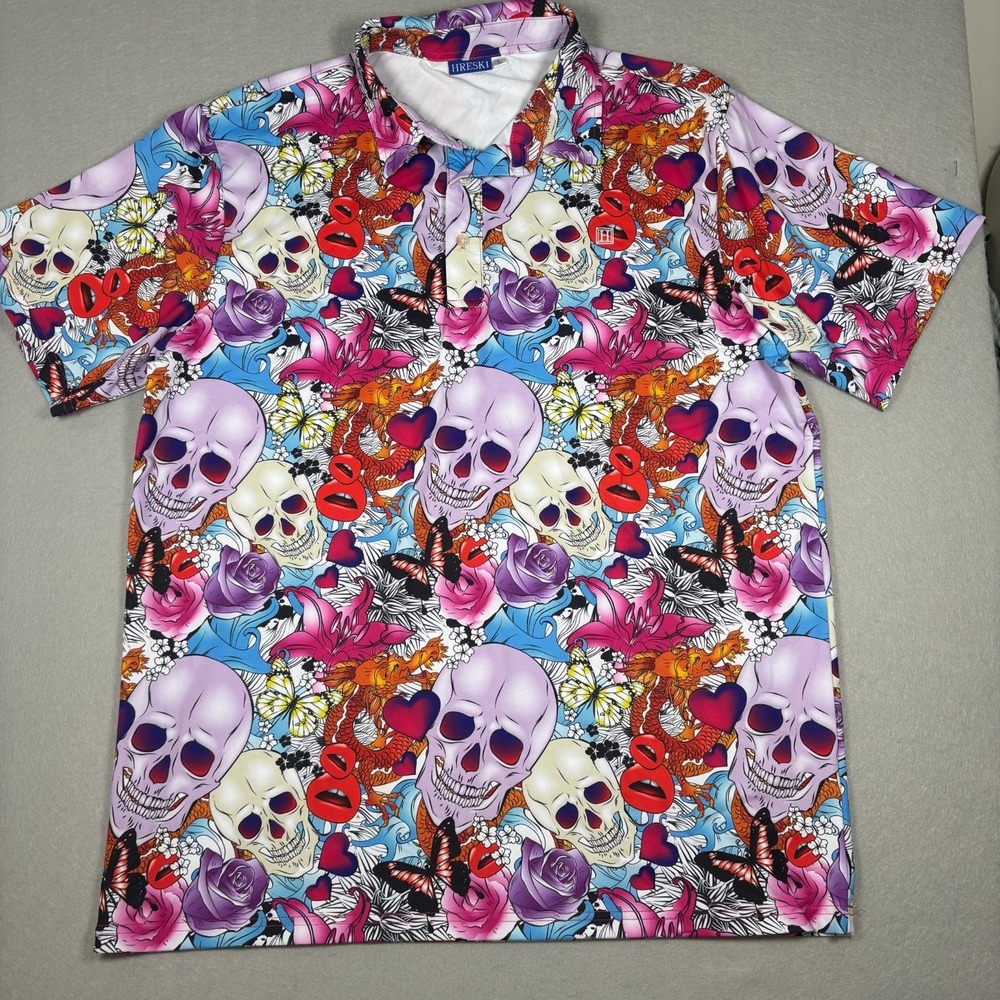 Hreski Polo Shirt Mens L Abstract Skulls Dragons Flowers Hearts Golf Performance
